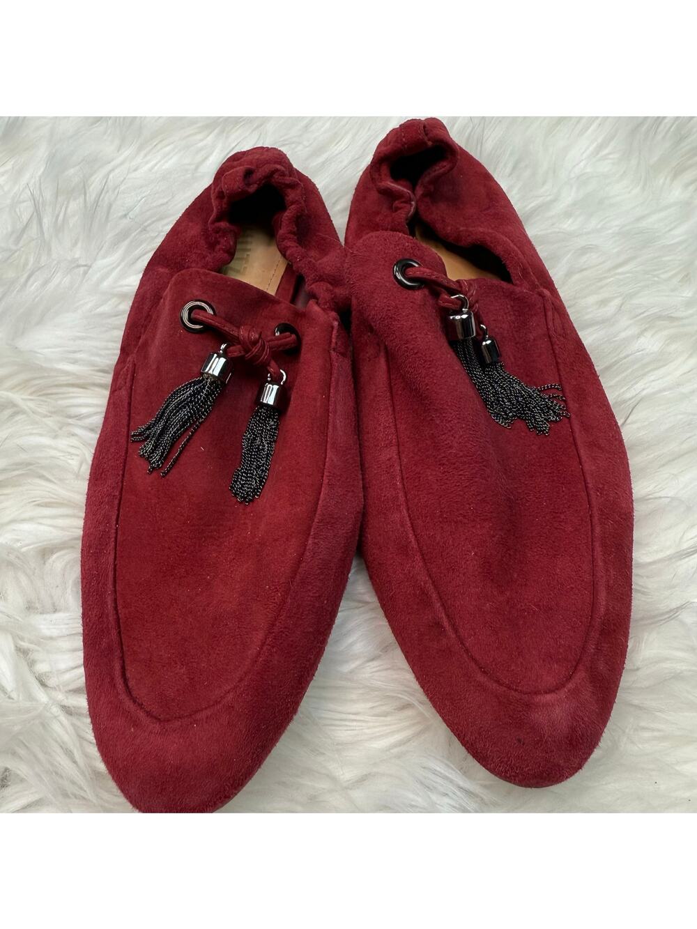 SCHUTZ Women's Maroon Suede Slip On Loafers Size 8.5B Tassels